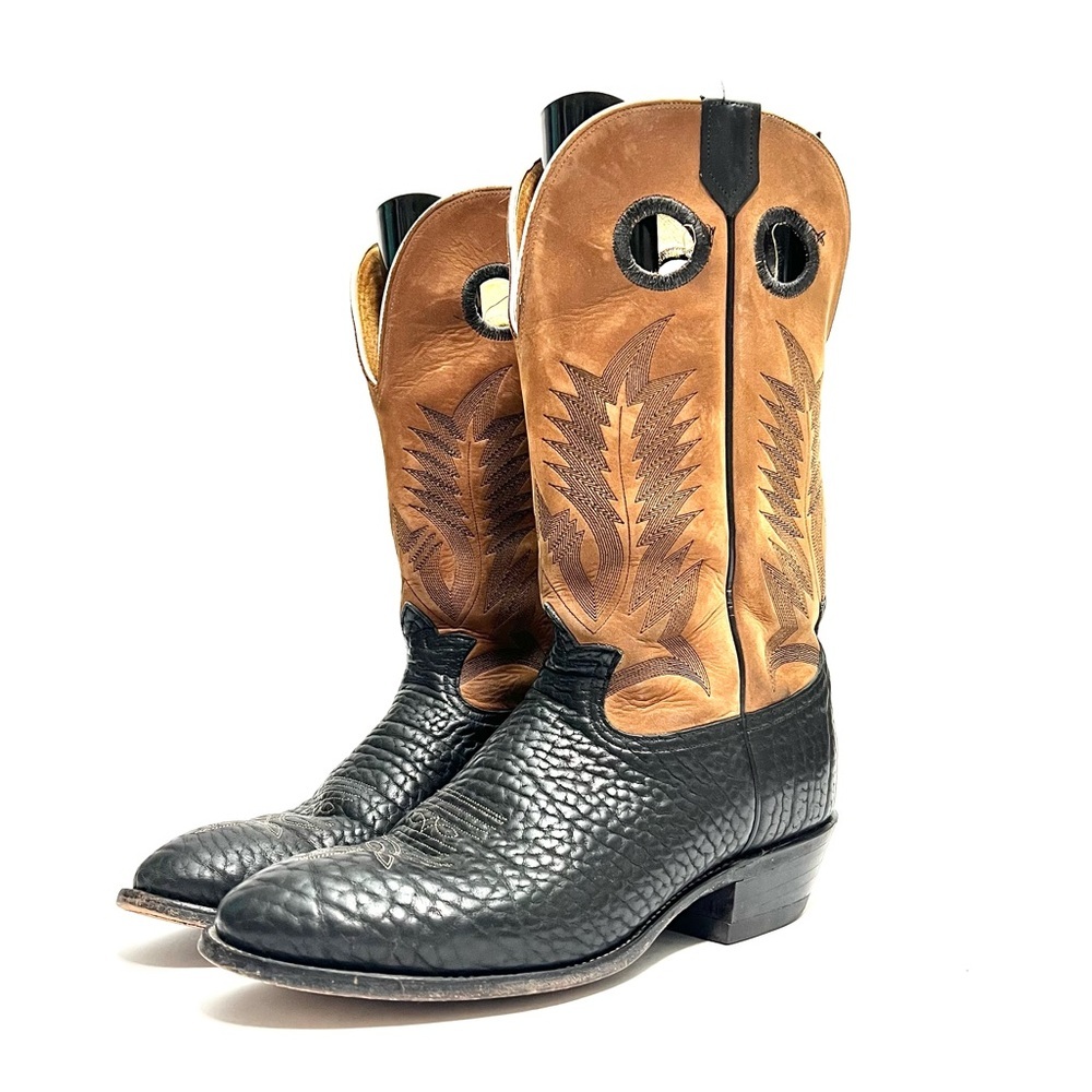 Tony Lama | Vintage 1980s Men's Black Leather Brown Nubuck Cutout Cowboy Boots